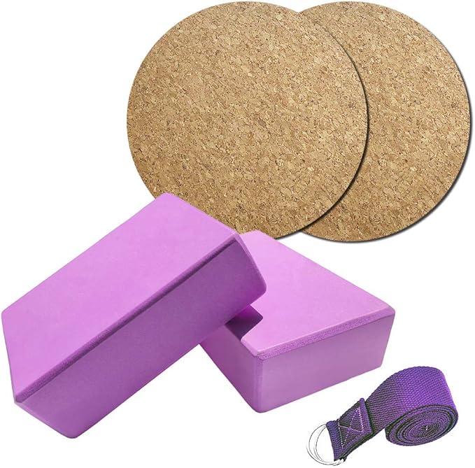5pcs Yoga Equipment Set | EVA Yoga Blocks/Grip - enhanced Knee Pads / 8.2ft Stretching Strap | Yoga Kit for Beginners/Pilates/Home Exercise | Purple/Pink/Blue (Optional)