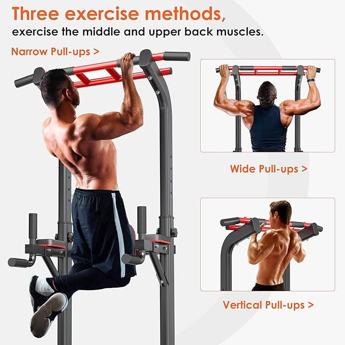 soges Power Tower Pull Up Bar Station, Dip Station for Home Gym, Height Adjustable Heavy Duty Strength Home Training Fitness Workout Equipment