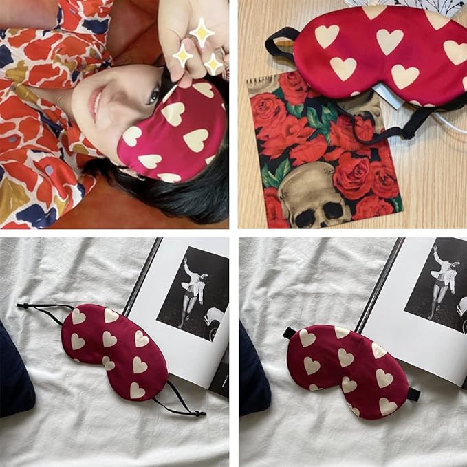 Red Heart Silk Sleep Eye Mask Storage Bag Set Women Adjustable Soft Mulberry Silk Blackout Eye Cover for Yoga Travel Nap Hanging Ear