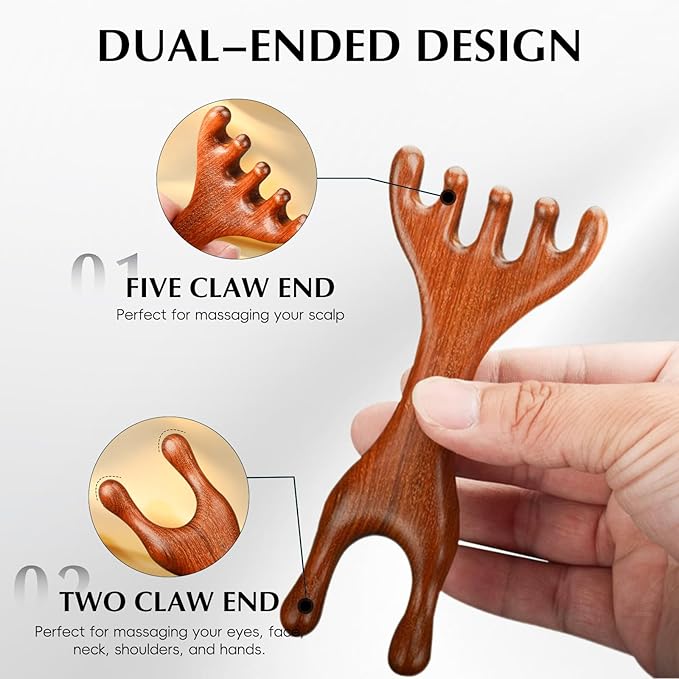 Manual Scalp Massager - Sandalwood Massager Tool for Scalp, Eye, Facial, Neck, Shoulder - Five Claw Gua Sha Comb for Men Women
