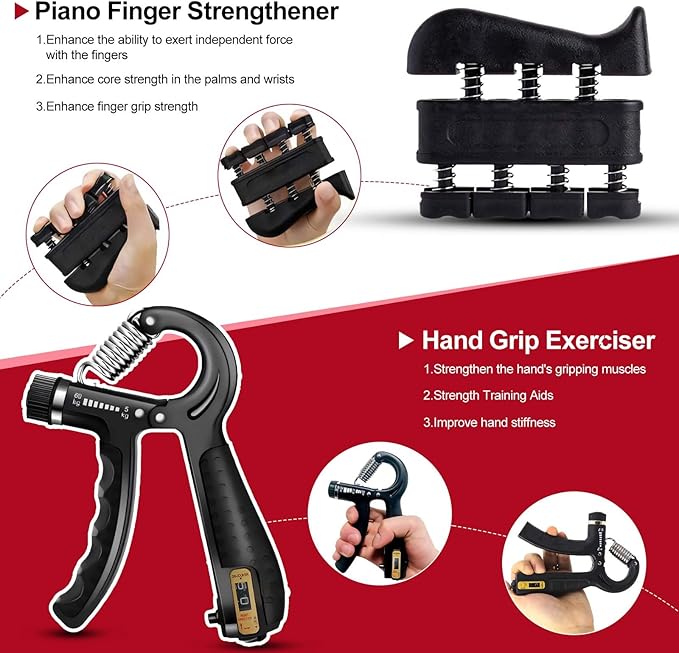 Hand Grip Strengthener Set with Piano Finger Exerciser, Silicone Trainer, Grip Ring, TPE Ball, 5 Pieces