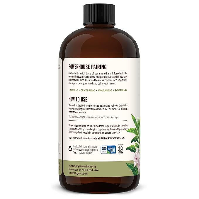 Banyan Botanicals Brahmi Oil with Sesame – Organic Ayurvedic Massage Oil with Gotu Kola and Bacopa ­­– Calming Massage Oil for Focus & Relaxation – 24 oz – Non GMO Sustainably Sourced Abhyanga Oil