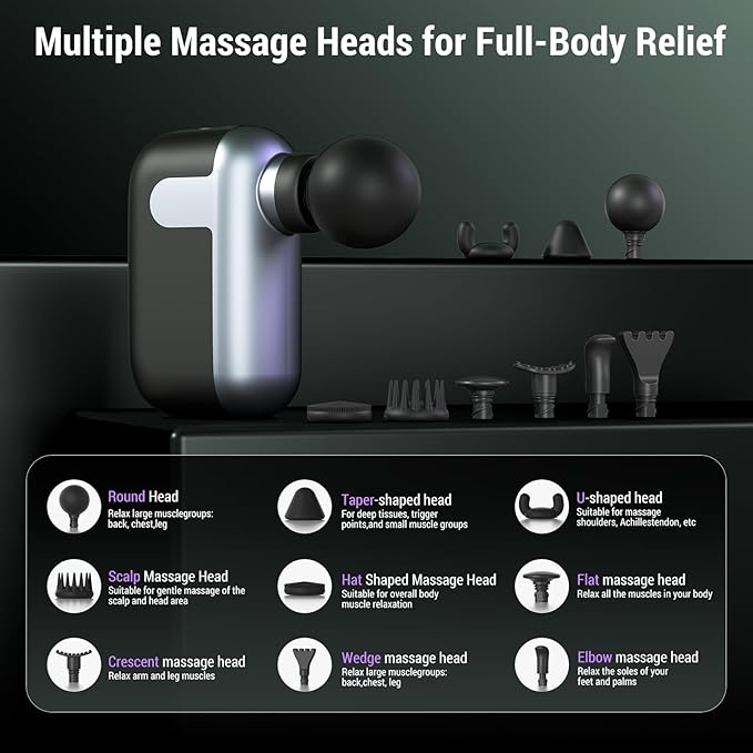 Mini Massage Gun with 10 Massage Heads, Percussion Deep Tissues Handheld Muscle Massager, 8mm Amplitude High-Intensity Massager Gun for Pain Relief for Office Gifts for Her, Home, Athletes
