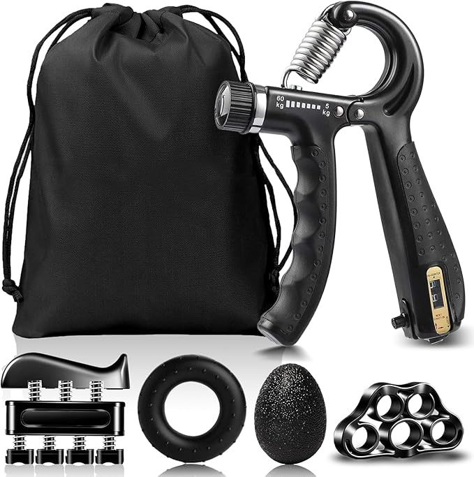 5-Piece Hand Grip Strengthener Exercise Kit - Adjustable Resistance (5-100kg) With Digital Display Forearm Grip + Finger Stretcher + Pressure Relief Ball Suitable for Athletes / Musicians Hand Training and Injury Recovery Tool