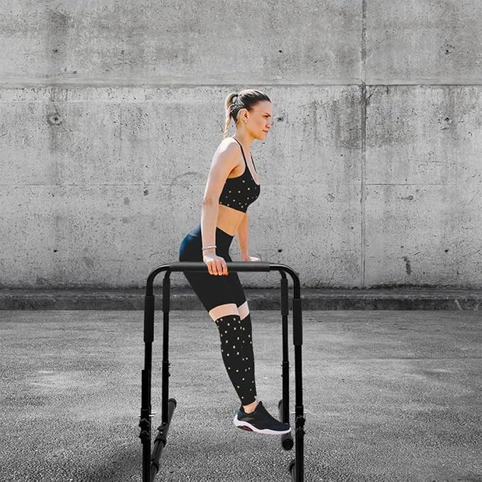 Multi-Function Fitness Dip Bar Stand Total Body Strengthener Pull Up Bar with Adjustable Height Heavy Duty Station Stabilizer Parallette Push Up Stand for Home Gym Strength Training