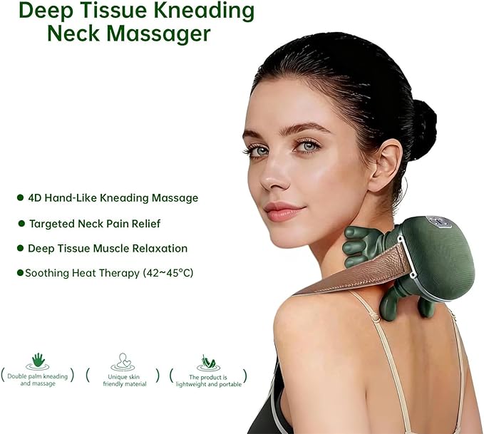 Neck Massager with Heat, 4D Deep Tissue Shiatsu Neck Massage Machine for Pain Relief, Electric Cervical Shoulder & Back Massager with Simulated Human Hand Kneading, Muscle Relaxation (Green)