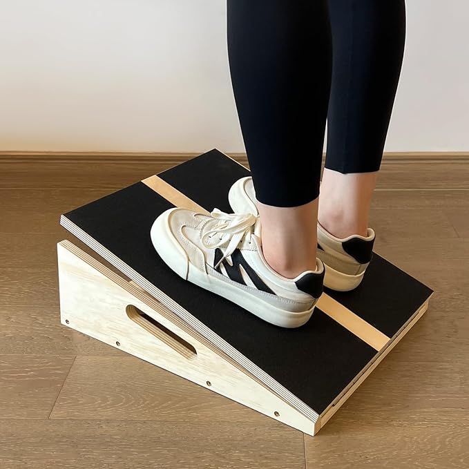 Adjustable Foot Incline Wooden Slant Board For Calf Stretching,440lb Capacity, Balance Velour Stretcher Ankle Stretch Knee Leg Boards Squats Wedge Exercise Fitness Equipment(side handle slant board)