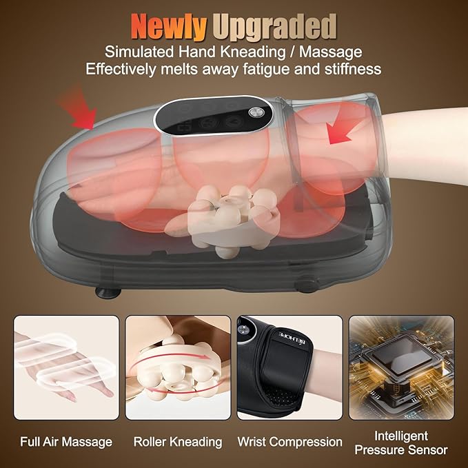 Hand Massager with Heat and Compression, Hand Massage for Arthritis and Carpal Tunnel Relief, 6 Intensities with Wrist Massager and Kneading Massage Nodes, Mother's Day Gifts for Men Women