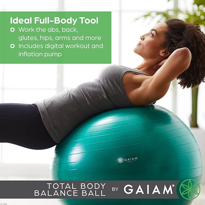 Gaiam Exercise Ball, Total Body Anti-Burst Balance Ball with Textured Grip, For Core Strength, Pregnancy Exercises, Yoga & Active Seating Included Air Pump