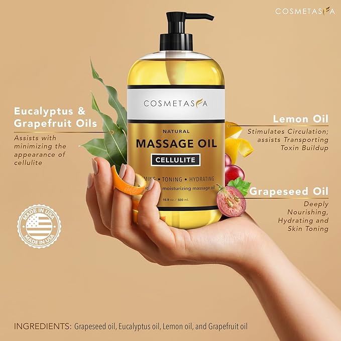 Cosmetasa Massage Oil Kit - Anti Cellulite Massage Oil with Organic Arabica Coffee Face & Body Scrub, Exfoliating Gloves, Massager Mitt - Body Massage Oil for Massage Therapy - Massage Oil Gift Set