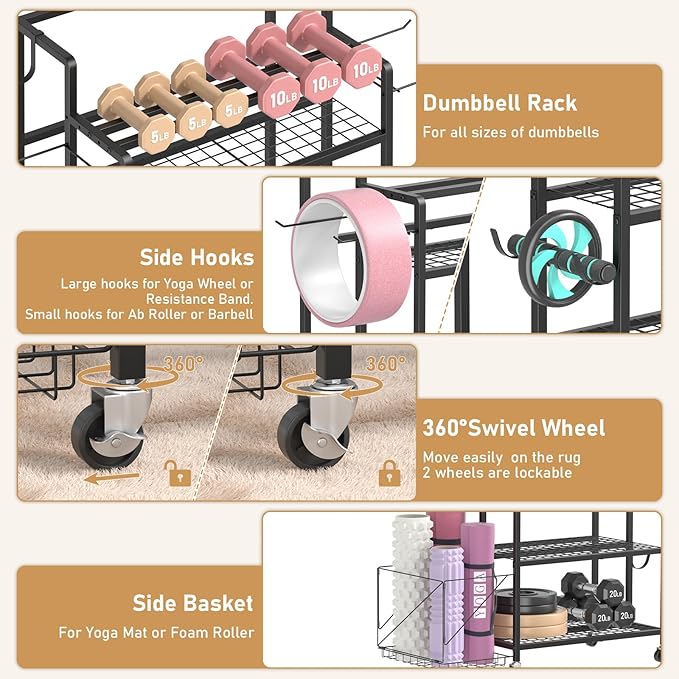 Dumbbell Rack, Utility Weight Storage Racks, Home Gym Storage for Dumbbell Set，Kettlebells，Yoga Mat and Workout Equipment