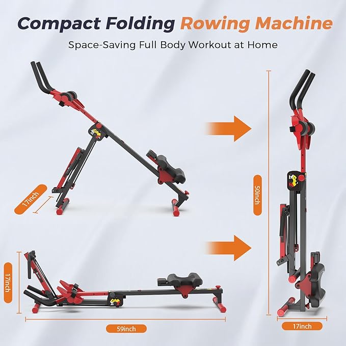 Ab Machine and Rowing Machine, 4 in 1 Rowing Machines for Home with 3 Levels of Workout Resistance, Quiet & Foldable Rower Machine with 3 Adjustable Handle Heights & LCD Monitor, Row Machine for Home