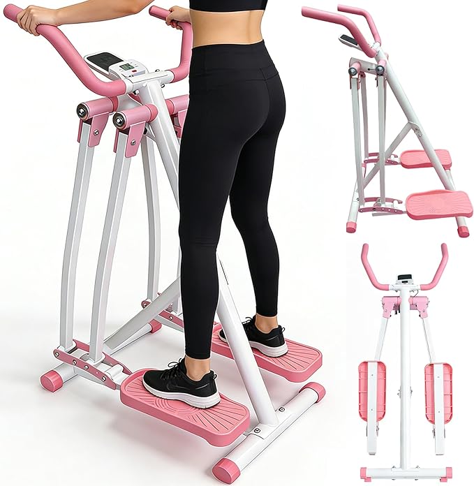Air Walker Elliptical Exercise Machine for Home Office, Training Machines w/LCD Monitor/Device Holder, Foldable Cardio Exercise Machine for Beginners Seniors, Full Body Fitness Equipment 300LBS, Pink