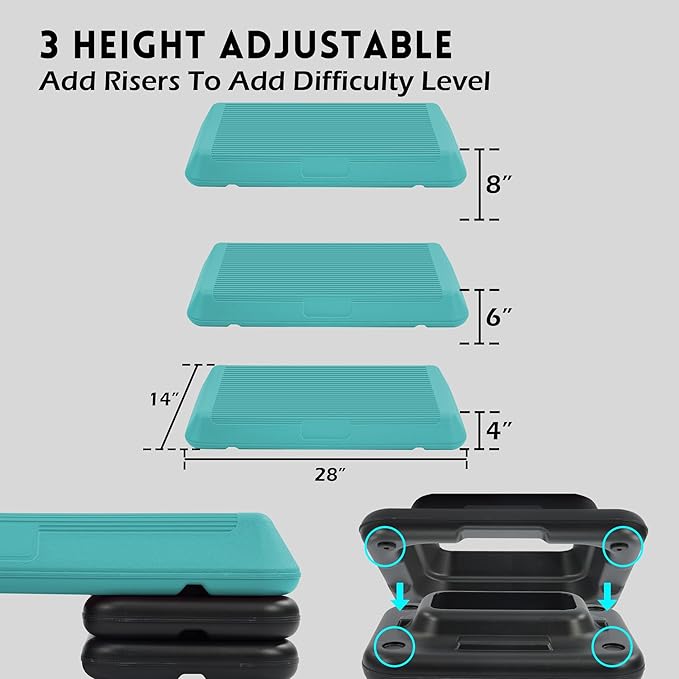 Fitvids Step Aerobic Platform, Exercise Step with 5 levels Adjustable Height, 4 Stackable Risers, Fitness Training Workout Stepper for Home Gym, Cardio Strength, Multiple Options