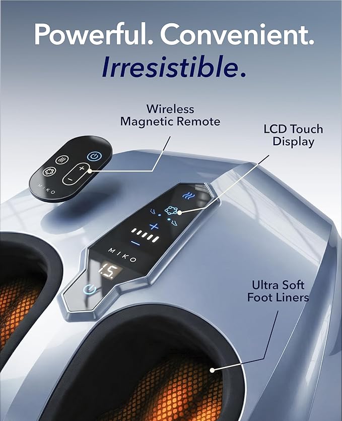 MIKO Foot Massager Machine - Deep Kneading, Shiatsu, Air Compression, and Heat Therapy - Plantar Fasciitis, Diabetics, Neuropathy, Fits Up to Men Size 12