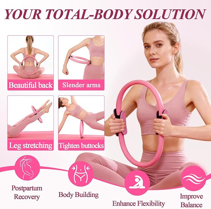 Pilates Ring and Small Ball Set for Women with 5 Resistance Bands, 14 inch Magic Circle Home Workout Essentials Starter Kit for Beginners, Yoga Sets for Full Body Toning Shape
