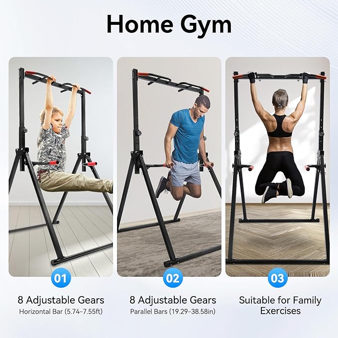 Freestanding Pull Up Station, 440.92 LBS Capacity Power Tower Pull Up Bar Adjustable Foldable Pull Up Station for Homes and Gyms 45.66 x 52.36 x 90.55 Inch