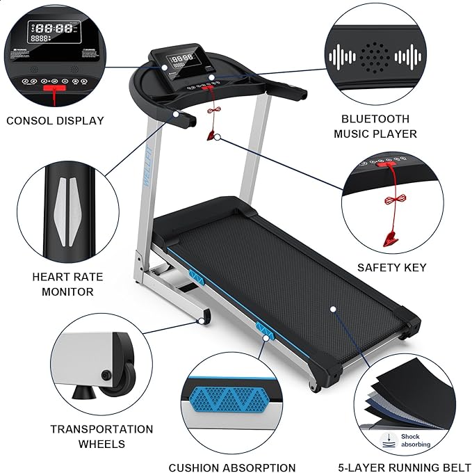 WELLFIT Folding Treadmills with Incline, Under Desk Walking Pad, Treadmill for Home Office with Handle Bar, 4 in 1 Smart Treadmill Work with KINOMAP Easy Move Upright Place, Manual Auto Incline Option
