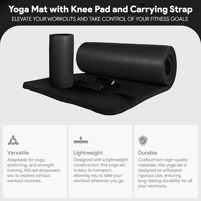 BalanceFrom 71x24 Inches Yoga Mat with Knee Pad and Optional Blocks – Extra 1-Inch Thick Non-Slip Foam with Anti-Tear Surface and Carrying Strap for Home, Studio, or Gym Workouts