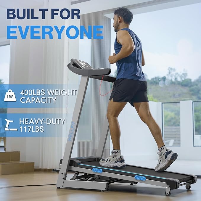 WELLFIT Folding Treadmills with Incline, Under Desk Walking Pad, Treadmill for Home Office with Handle Bar, 4 in 1 Smart Treadmill Work with KINOMAP Easy Move Upright Place, Manual Auto Incline Option