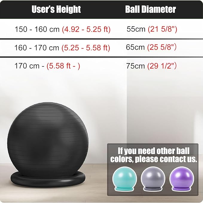 Office Balance Ball Chair with Base & Pump, Exercise Ball Ergonomic Yoga Ball Seat, Anti-Burst Stability Sitting Chair for Posture Training