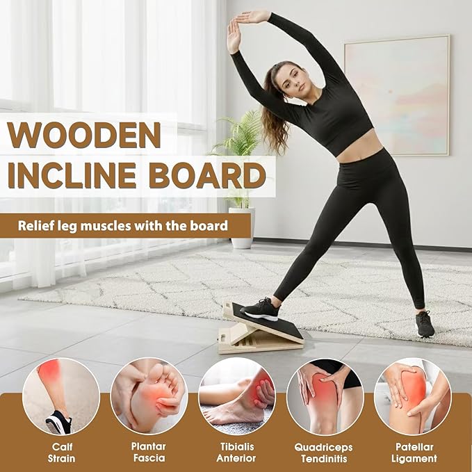 Adjustable Slant Board for Calves Stretching, Portable Wooden Incline Board for Balance Exercises, Durable Five Angles for Physical Therapy, Calf Stretcher Equipment with Muscles, Feet, Ankles, Knee