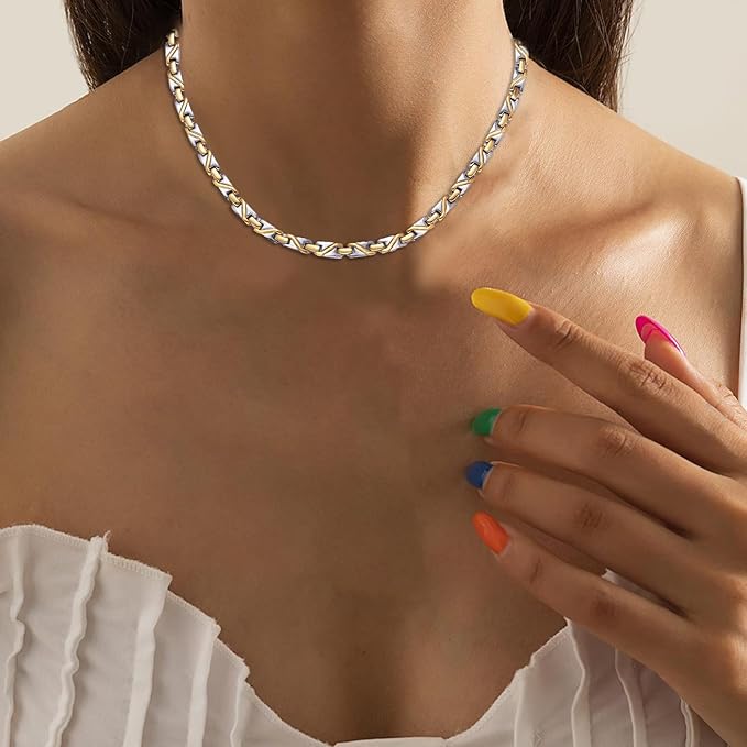 Titanium Gold & Silver Gradient Magnetic Necklace for Men & Women, Fashion Jewelry