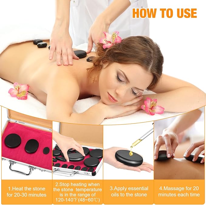 Yunsailing Hot Stones Massage Set 18 Pieces Basalt Hot Rocks Massage Rocks Kit Black Smooth Stones for Professional Home Spa Warming Relaxing Pain Relief, Constant 50°c (122°f)(Temperature Constant)