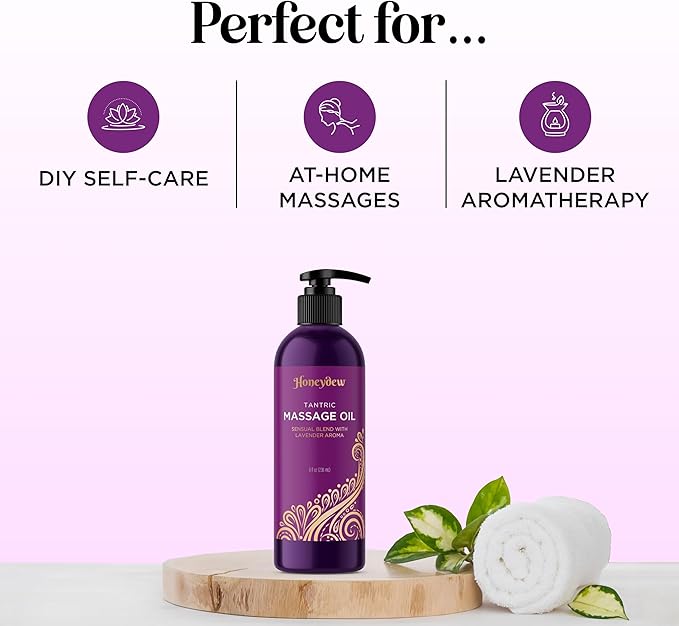Lavender Massage Oil for Couples Relaxation - Non Greasy Non Staining Irresistibly Silky Full Body Massage Oil for Massage Therapy with Lavender Essential Oil - Therapeutic Grade Non GMO and Vegan