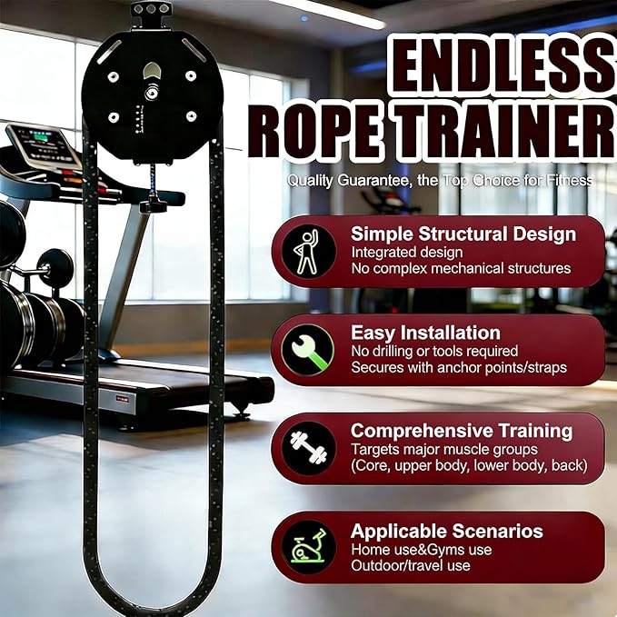 Endless Rope Trainer | Adjustable Resistance Trainer Machine | Suspension Endless Rope Pulley System| Closed-Loop Nylon Rope | Home Gym Infinity Rope for Interval Resistance Training(Black)