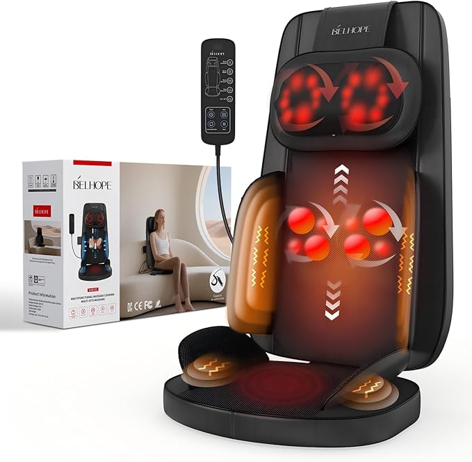 belhope Shiatsu Neck and Back Massager with Heat, 4D Kneading Back Massager for Pain Relief Deep Tissue, Comfortable Back Massage for Chair, Massage Mat for Home, Mother's Day Gifts for Men Women