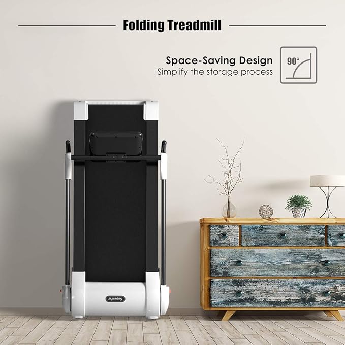 Goplus 3HP Treadmill with Desk Workstation, Superfit Foldable Treadmills for Home Office, Adjustable Height, Bluetooth Speaker, APP Control, LED Display, 25 Preset Programs, Portable Running Machine