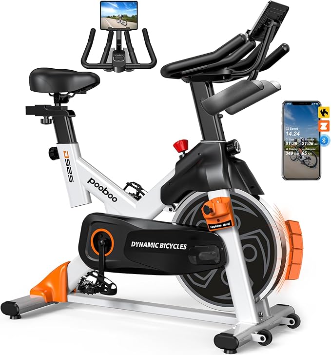 pooboo Exercise Bike, Adjustable Magnetic Resistance Stationary Bikes for Home with App Compatible, 350LB Weight Capacity Indoor Cycling Bike with Large Seat, Dumbbell Rack, Pull Cords & LCD Display,Low Noise Indoor Spin Bike for Home Gym
