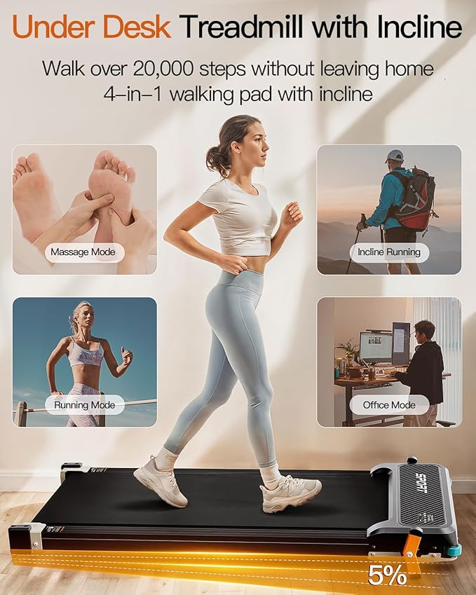 FUNRAY Walking Pad with Incline, Under Desk Treadmill with 2 Control Options, Ultra Slim Design and Double Shock Absorption, LED Display, Powerful and Quiet Treadmill for Walking/Jogging