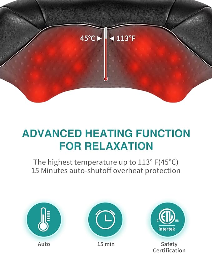 Nekteck Shiatsu Neck Massager with Heat for Pain Relief Deep Tissue, 2026 Upgraded 3D Back Shoulder Kneading Massage Pillow, Body Muscle Relaxation Tools Gifts for Him Her, Black (Cordless)