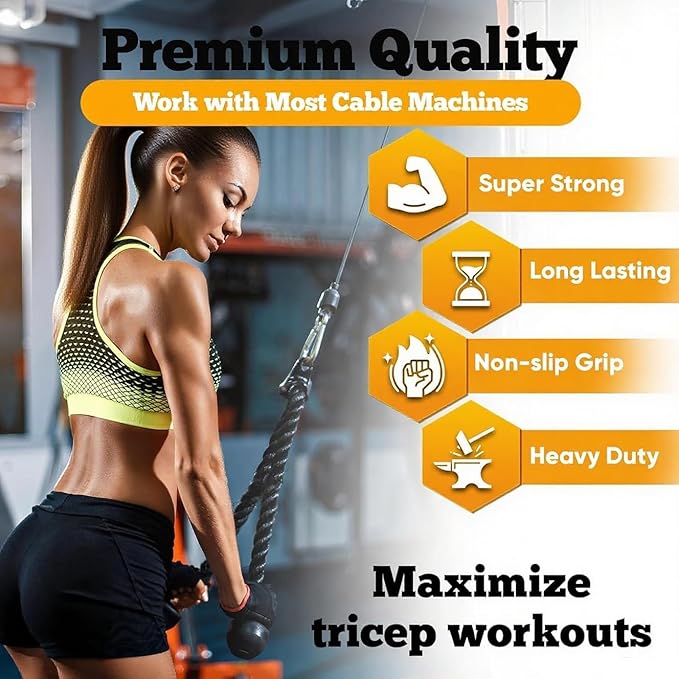 Double Length Tricep Rope for Cable Machines - 55 Inch Heavy Duty Pulldown Attachment, 4ft 7in Gym Strength Training Accessory & Home Workout Equipment