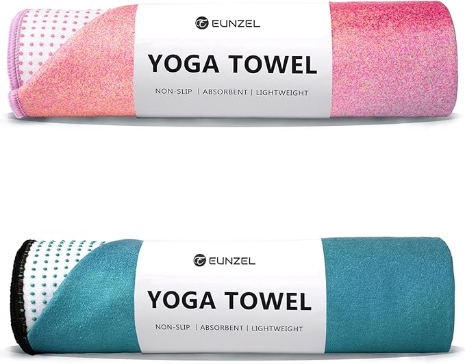 Eunzel Hot Yoga Towel, Non Slip Yoga Mat Towel Sweat Absorbent Printed Yoga Towel with Grip Dots for Hot Yoga, Pilates and Workout 72"x 24", Sunset/Teal Flow