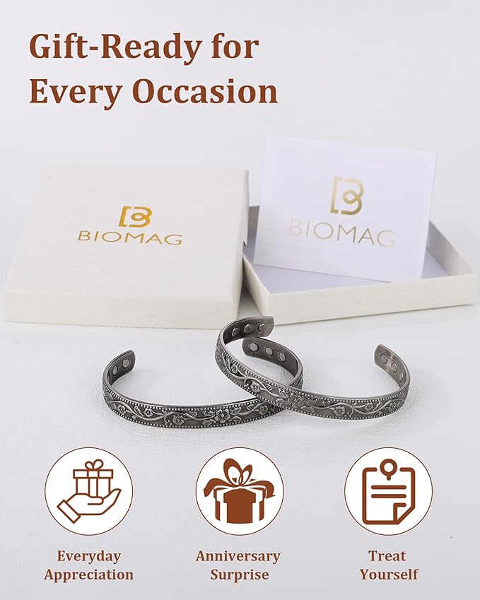 BioMag 2 Pcs Magnetic Copper Bracelets for Men, 99.99% Pure Copper Cuffs with 3500 Gauss Magnets, Adjustable Size, Intricate Floral Pattern, Antique Silver