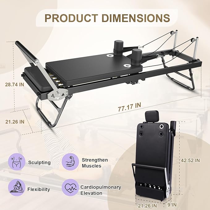 Pilates Reformer, Foldable Reformer Pilates Machine, Full-Body Home Gym & Pilates Equipment for All Levels, Up to 400 lbs Weight Capacity Reformers, Black
