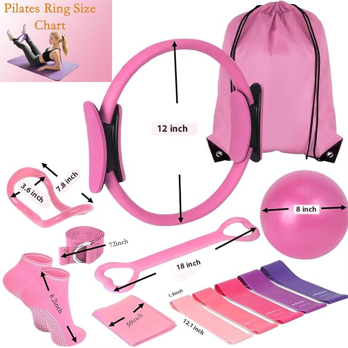 Women's Home Pink Global Pilates 13-Piece Basic Set, Home Pilates Fitness Equipment, Includes Resistance Bands, 14-Inch Magic Circle, Mini Ball, Pilates Strength, Shaping, and Flexibility Starter Kit.
