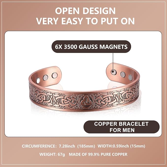 Copper Bracelet for Men 99.9% Pure Copper Magnetic Bangle with 6pcs 3500 Gauss Magnets, Copper Magnetic Bracelet for Men