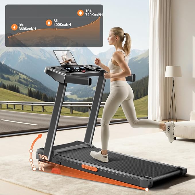 Treadmills for Home with 16% Incline & Handle Bar, 3.0HP Quiet Foldable Treadmill with Led Screen Up to 300lbs Capacity, 7-Layer Shock-Absorbing Walking Pad Treadmill 0.6-7.0MPH
