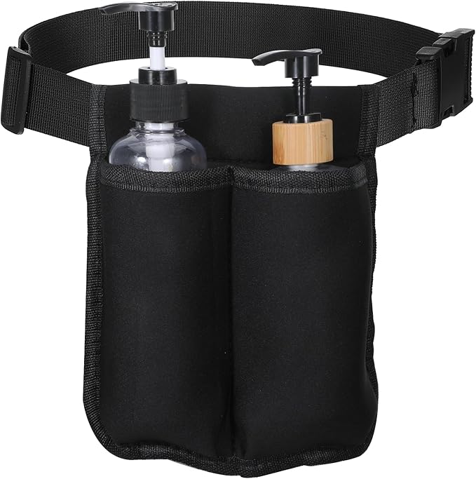 Massage Bottle Bag, Lotion Oil Waist Holder Organizer Adjustable Durable Black Portable Storage Pouch Belt Hanging Easy Access Accessories Gifts (Double-Sided)