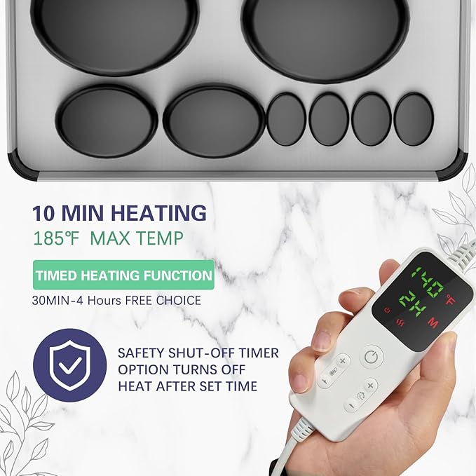 AICNLY 10 Pcs Basalt Hot Stones Massage Set with Temperature Adjustment-Hot Stones Massage with Warmer Kit, Professional Massage Tool for Spa-Lymphatic Drainage, Relieve Tension and Muscle Pain
