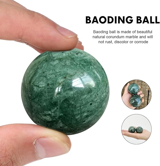 Traditional Chinese Baoding Balls, Marble Health Exercise Stress Relief Balls with an Upgraded Shockproof Imitation Wood Box, Dark Green, 2-Piece Set, Medium-1.57"