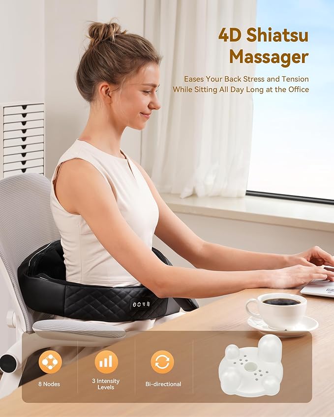 Shiatsu Neck and Back Massager with Heat, Neck and Shoulder Massager, 4D Deep Tissue Kneading Massage for Leg, Full Body Muscle Pain Relief, Ergonomic Design, Ideal Gifts for Women Men, Not Cordless
