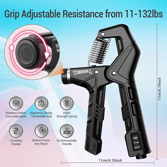Hand Grip Strengthener - Adjustable Resistance 11-220Lbs Forearm Strength Trainer with Counting, Silicone Grip Ring & Hand Exercise for Quickly Increasing Wrist Forearm and Finger Strength Combo Set