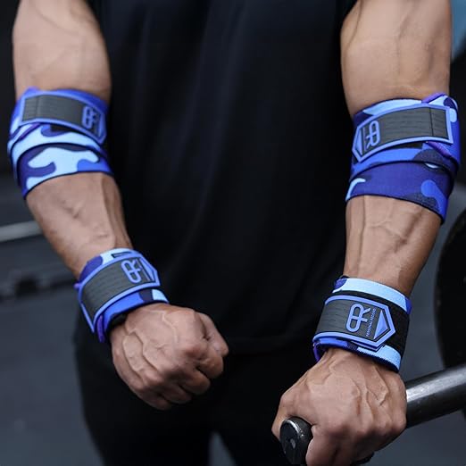 Elbow Wraps for Weightlifting - Heavy Duty Construction, 25% More Elasticity, Reinforced Stitching, Extra Wide Fastener, Easy to Adjust, (Blue Camo)