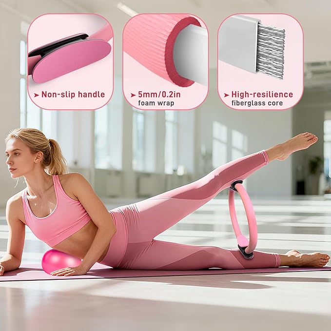 Pilates Ring Set 15 PCS, Home Pilates Essentials Kit for Women, 12" Pilates Ring and 9" Ball Set, Pilates Kit with Ankle Weights 2LB, Resistance Bands, for Toning & Better Me Gifts