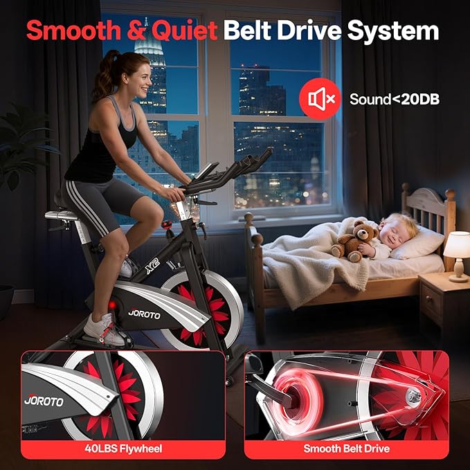 JOROTO Exercise Bike, Magnetic Stationary Bikes for Home with 40LBS Flywheel, App Supported Indoor Bike with 350LBS Weight Capacity, Low Noise,Digital Monitor,Bottle and Tablet Holder